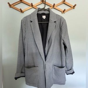 A New Day Oversized Plaid One Button Blazer Size L Pocket Blue Gray Academia